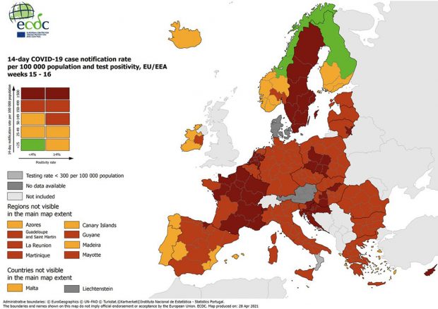 ECDC: Στο “κόκκινο” η χώρα μας αλλά στο “πορτοκαλί” τα Δωδεκάνησα-Στο πράσινο ο δείκτης θετικότητας