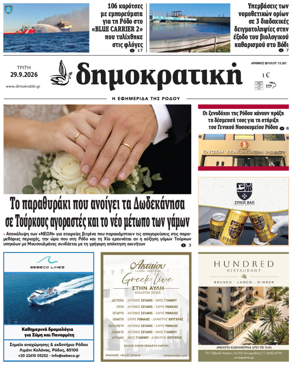 Πρωτοσέλιδο Δημοκρατικής 29/9/2026
