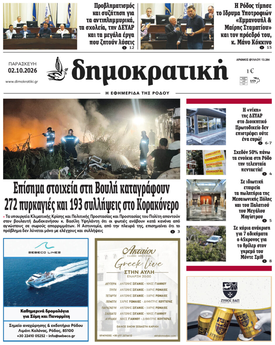 Πρωτοσέλιδο Δημοκρατικής 2/10/2026