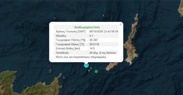 Σεισμός 4,1 Ρίχτερ τα ξημερώματα στην Κάσο